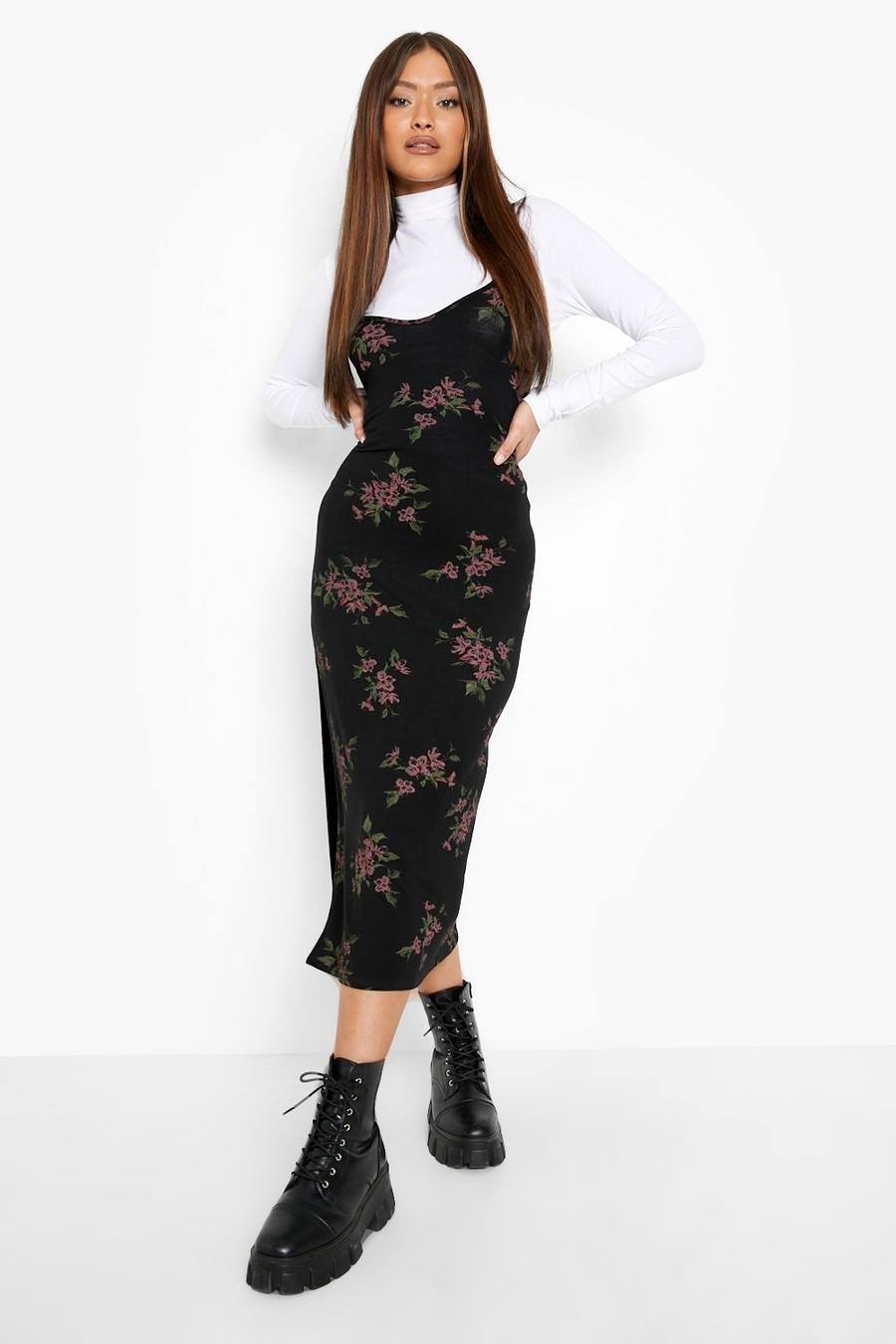 Black Floral Print Slip Dress And Roll Neck Top image number 1