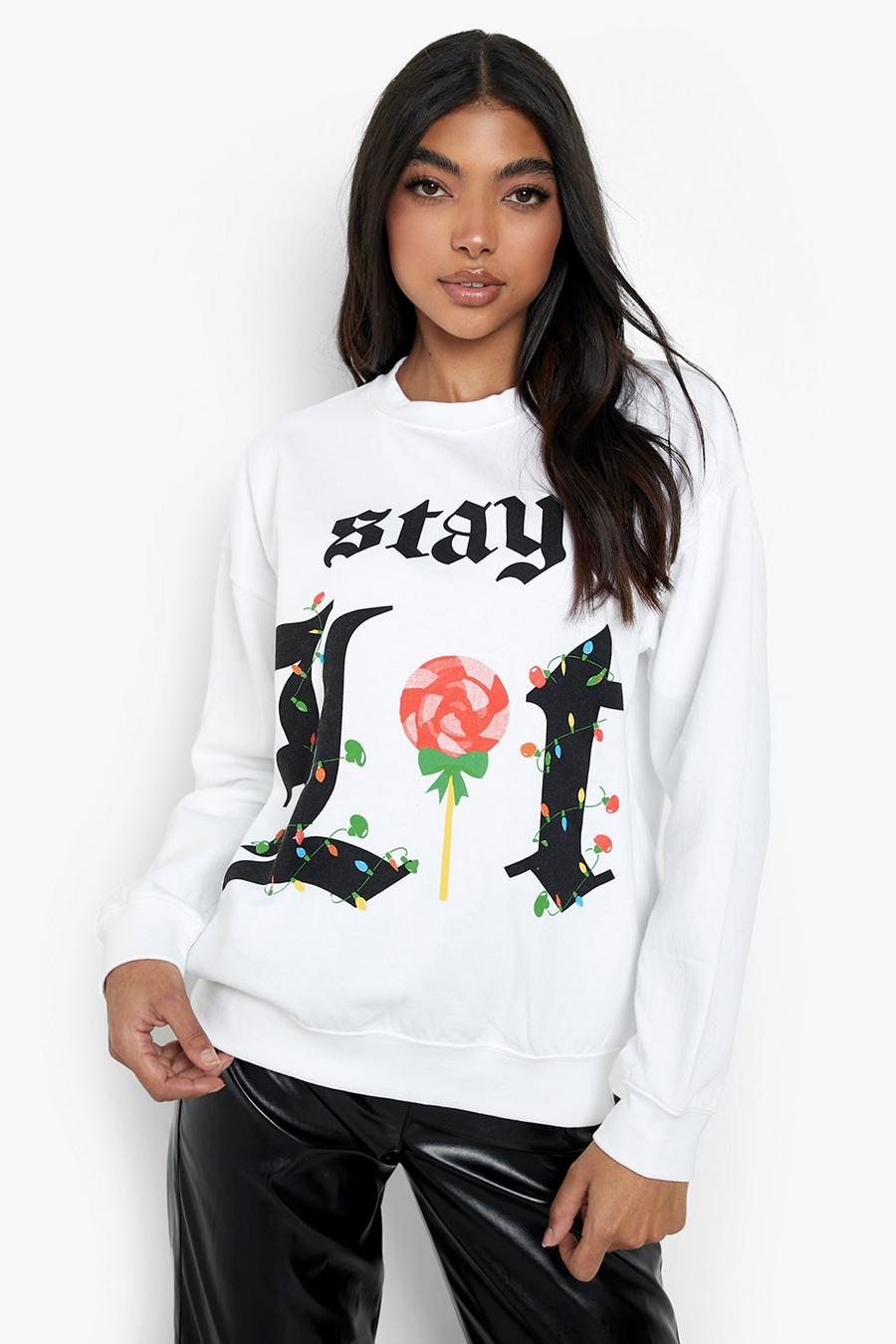 Tall Sweatshirt mit 'Stay Lit' Slogan, White image number 1