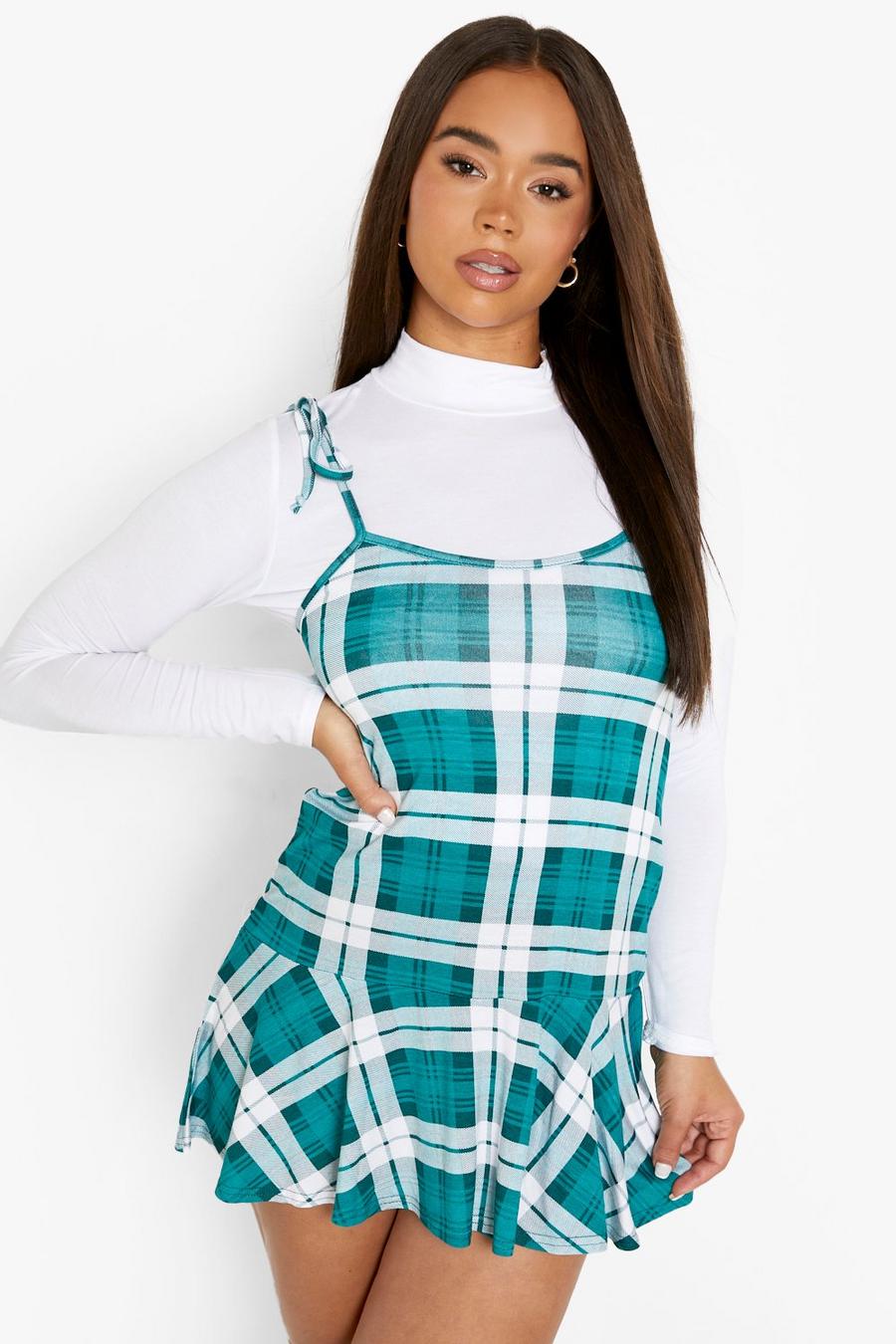 Bottle green Roll Neck Top And Check Print Slip Dress image number 1