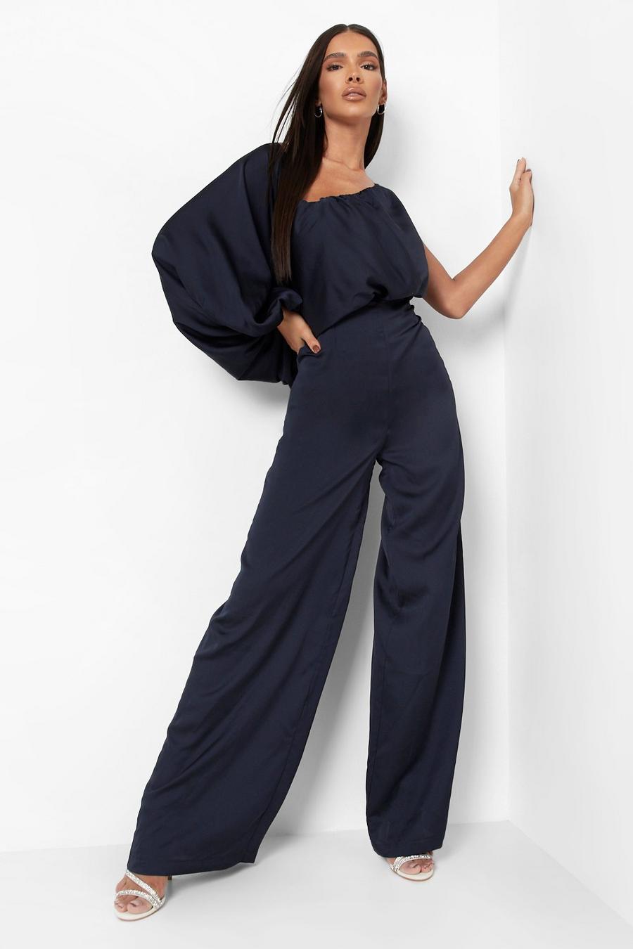 Navy blu oltremare Satin Balloon Sleeve Cullotte Jumpsuit image number 1