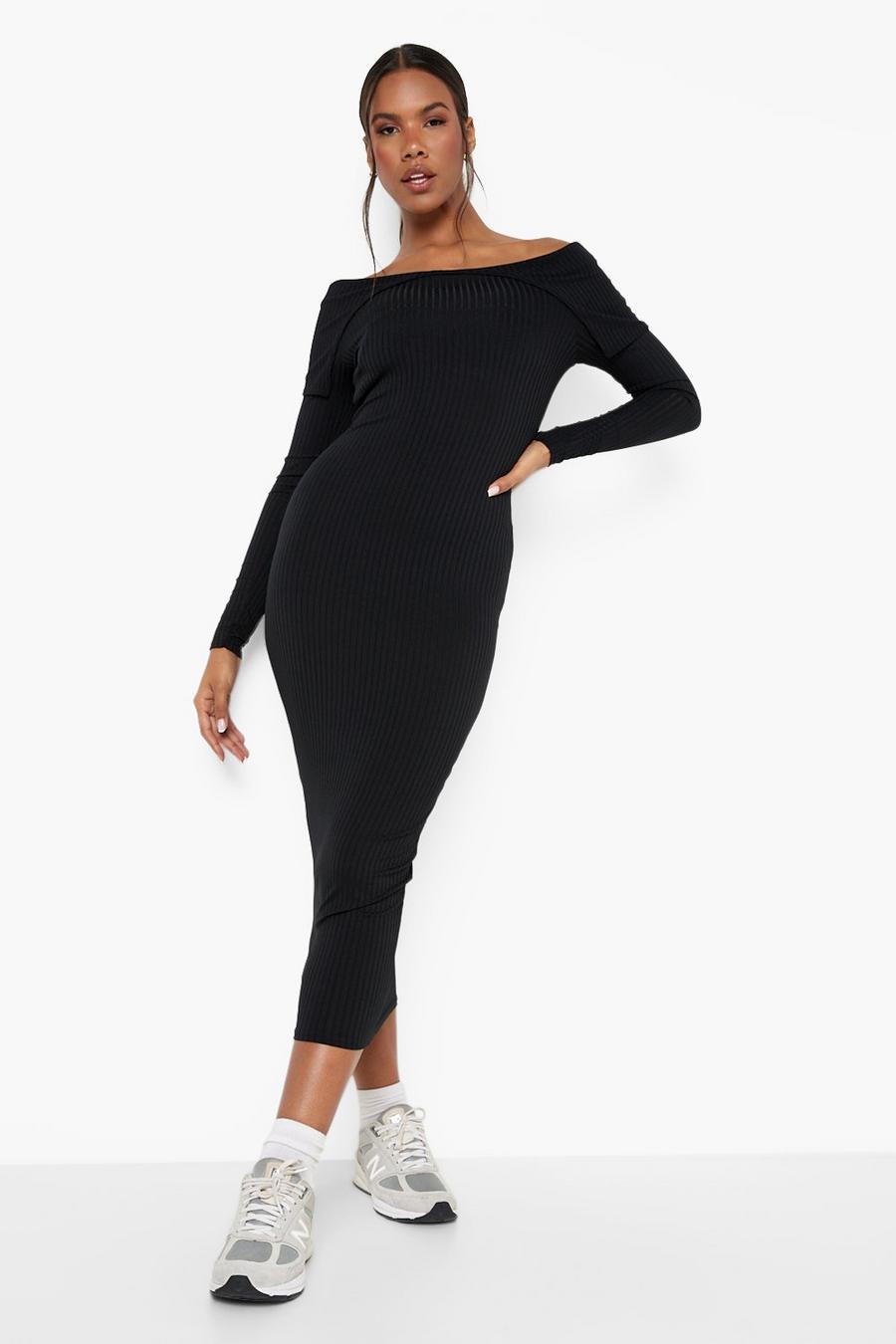 Black Rib Overlay Long Sleeve Midaxi Dress image number 1