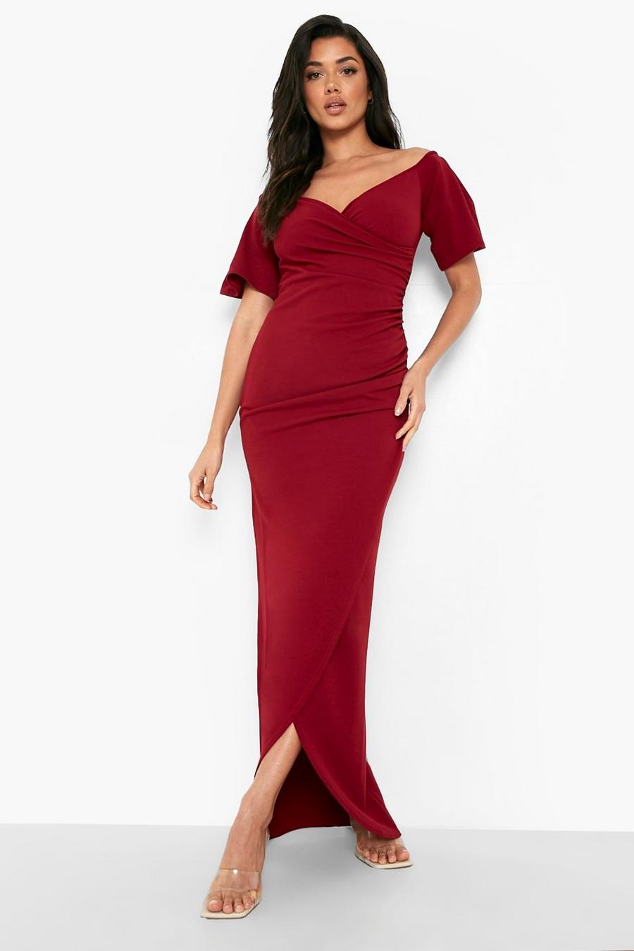 Berry Off The Shoulder Ruched Detail Maxi Dress image number 1