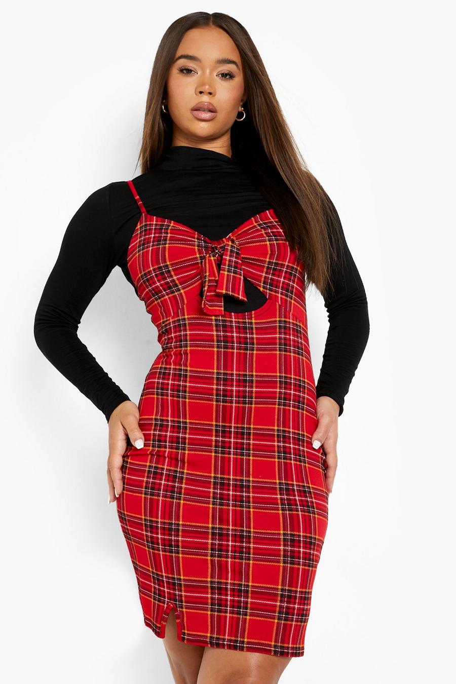 Red Turtleneck Top And Flannel Print Tie Slip Dress image number 1