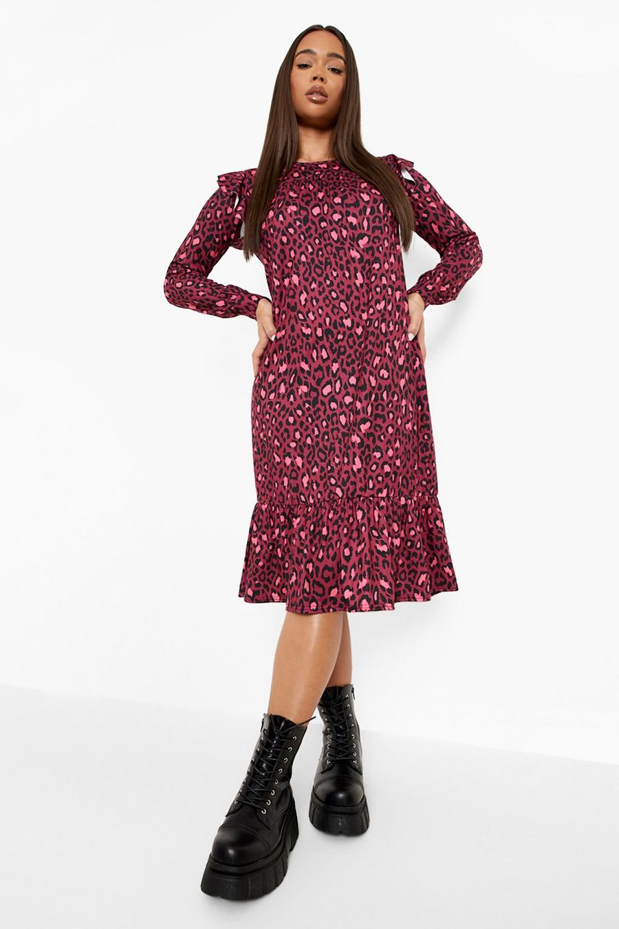 Pink Leopard Print Ruffle Detail Midi Dress image number 1