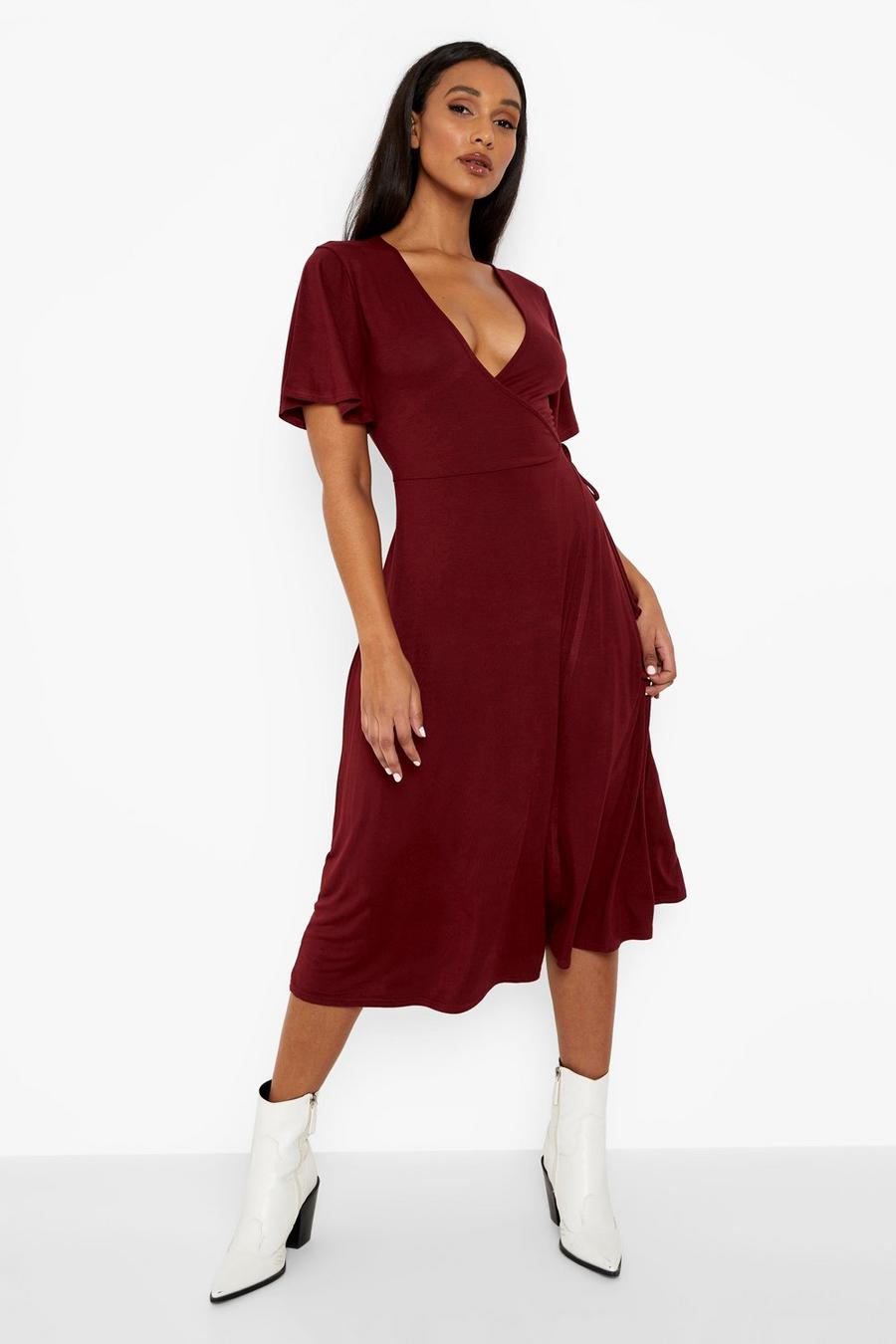 Berry Basic Wrap Flared Sleeve Midi Dress image number 1