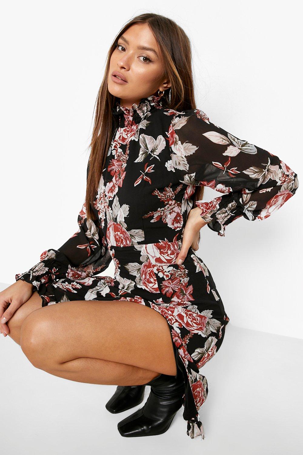 Floral Print Shirred High Neck Midi Dress