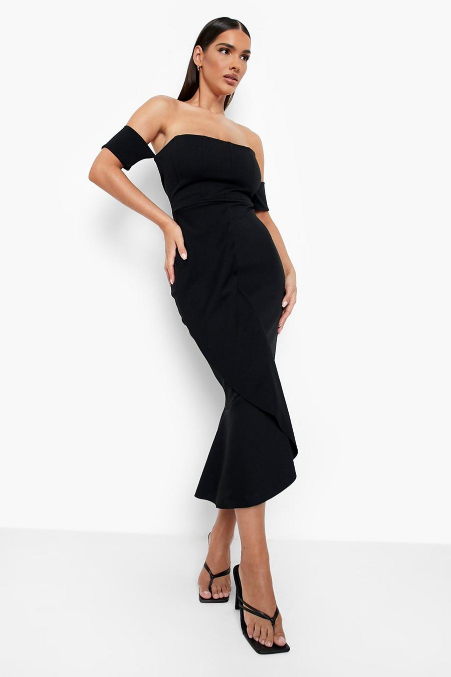 Black Bardot Ruffle Detail Midaxi Dress image number 1