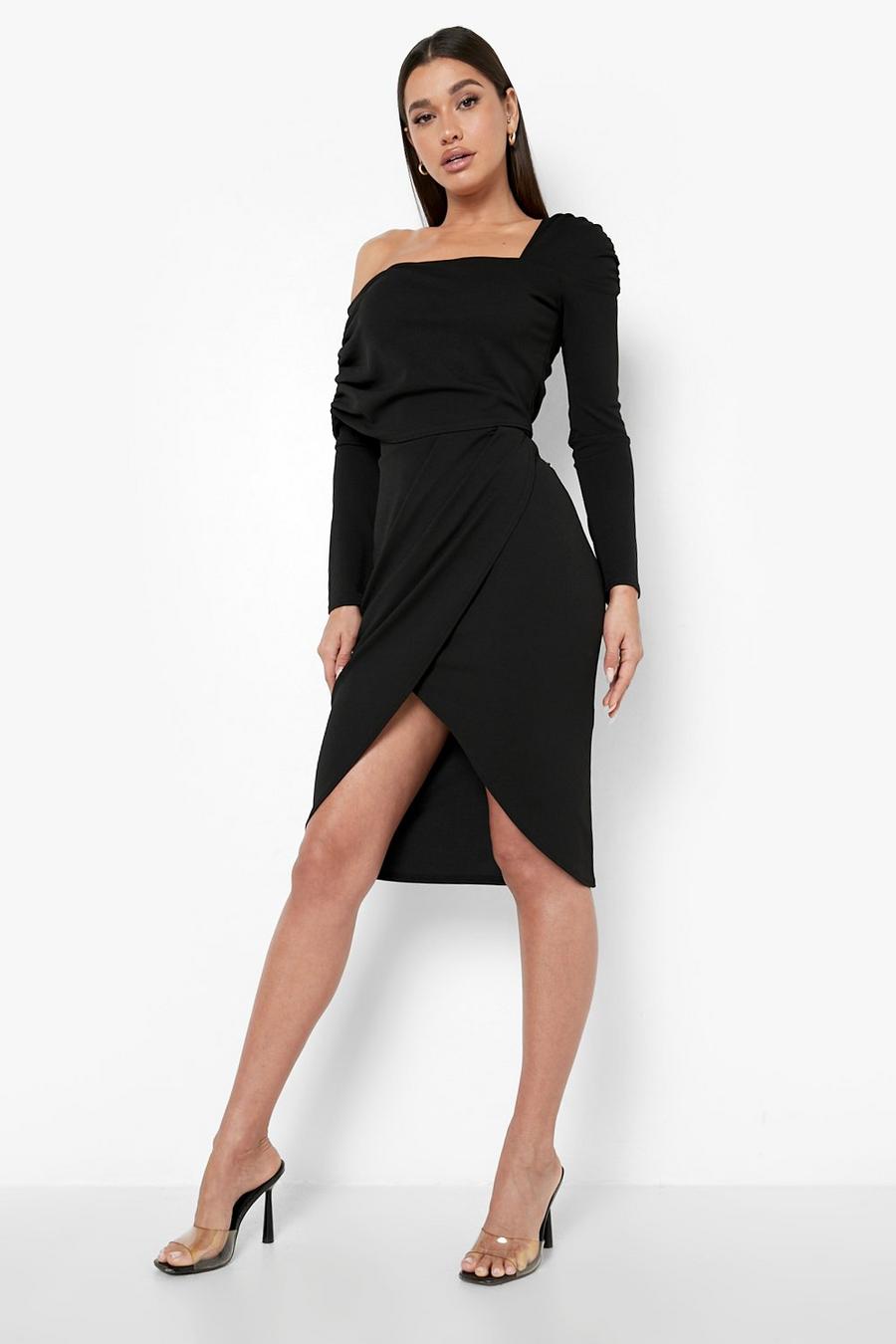 Black One Shoulder Ruched Overlay Midi Dress