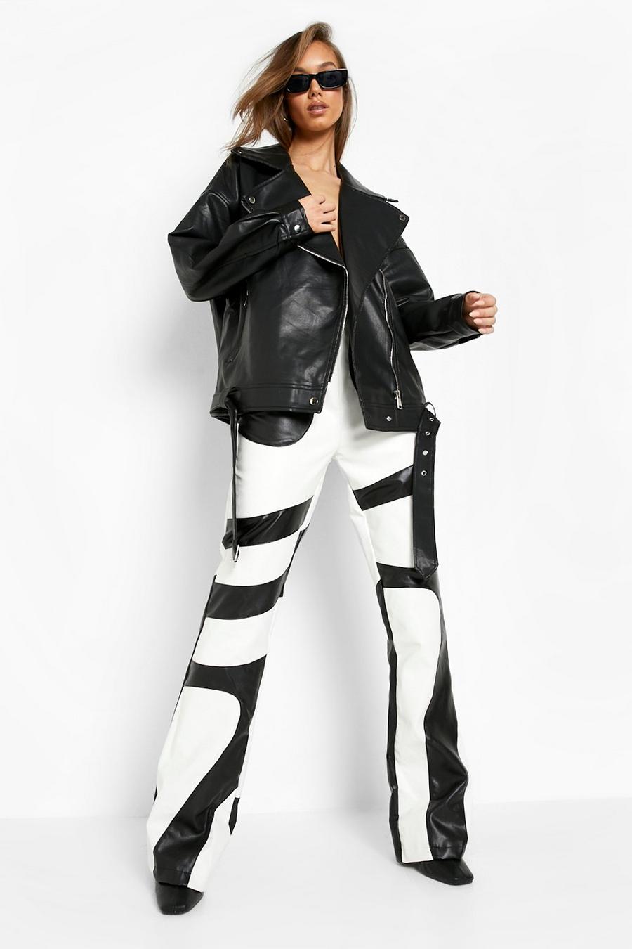 Pantalón de pernera recta y cuero sintético con paneles de espiral, Mono image number 1