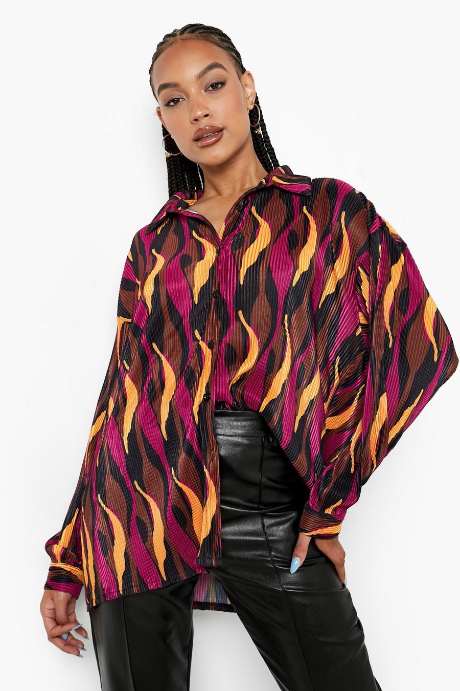 Chocolate Abstract Printed Oversized Plisse Shirt image number 1