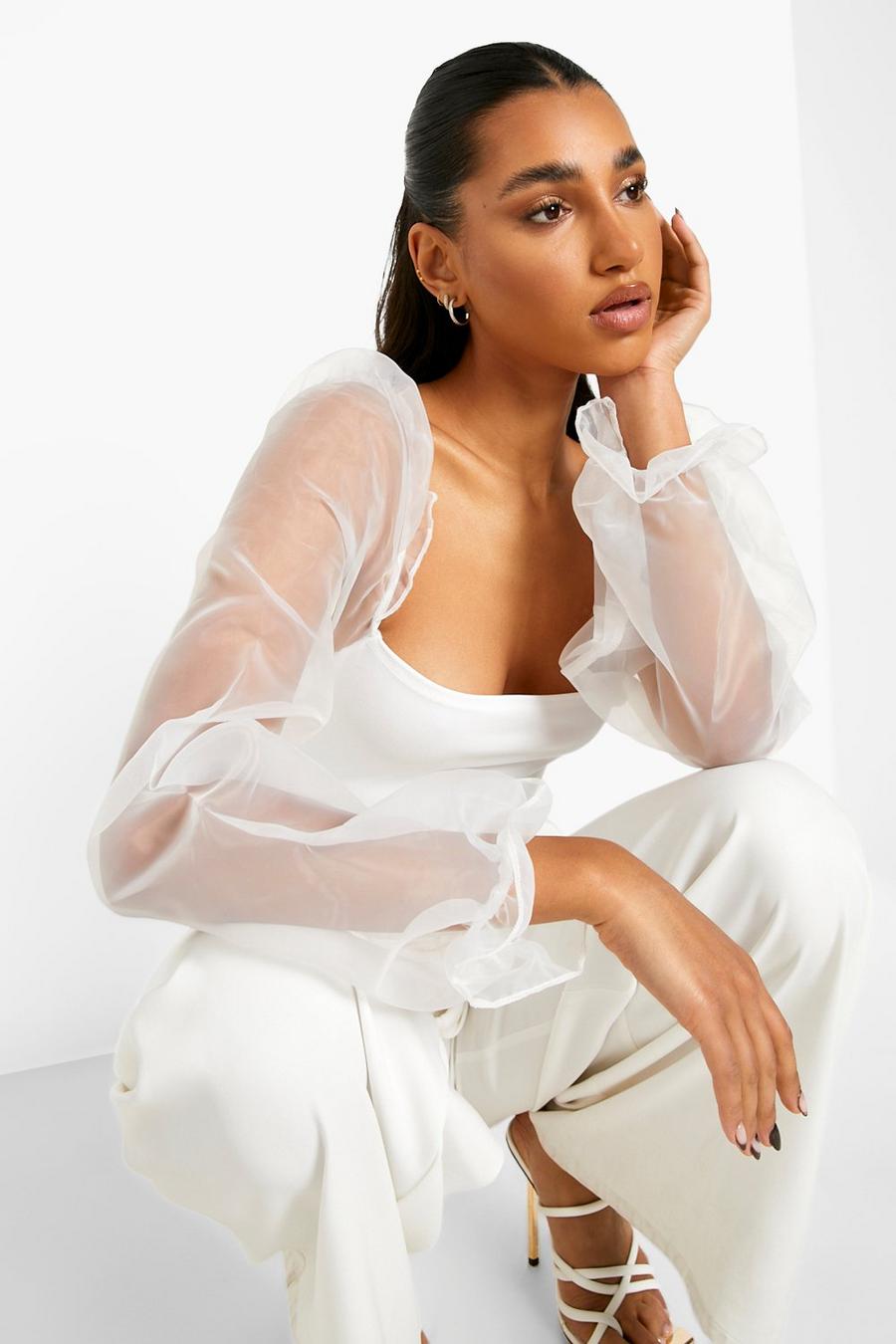 White Organza Puff Sleeve Bodysuit image number 1