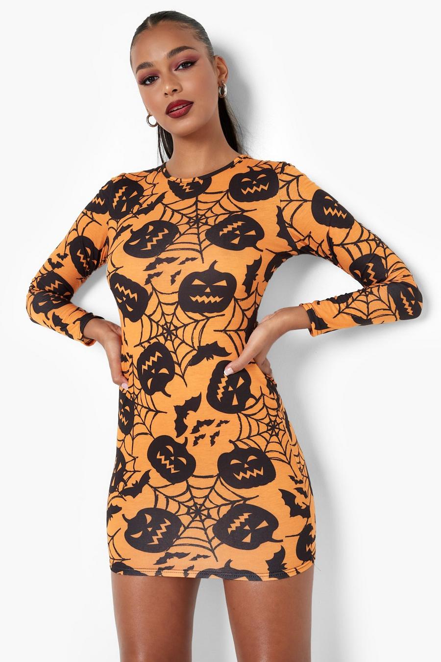 Black Pumpkin And Bat Print Mini Bodycon Dress