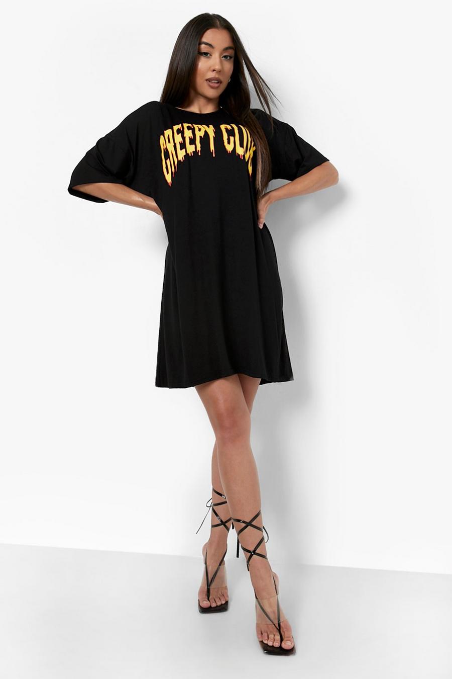 Black Creepy Club Slogan T Shirt Dress image number 1