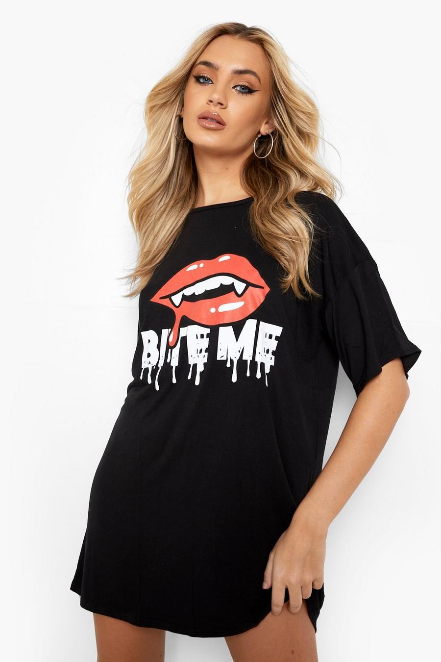 Black Bite Me Slogan T Shirt Dress image number 1