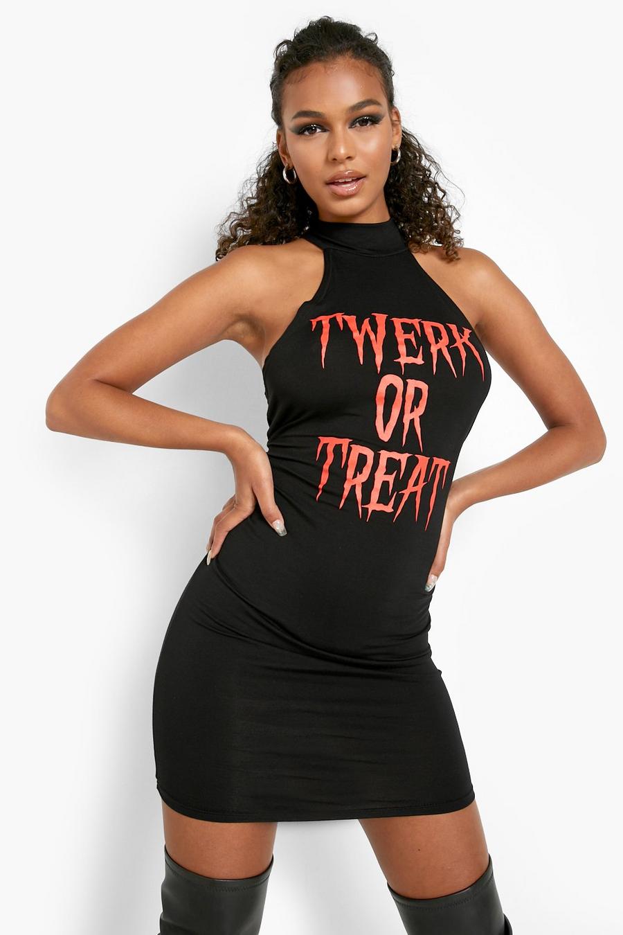 שחור שמלת מיני צמודה עם כיתוב Twerk Or Treat image number 1