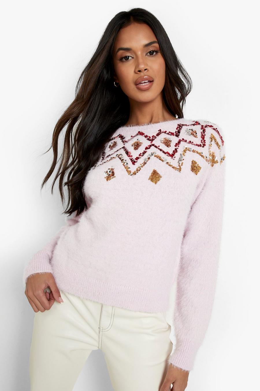 Pink Sequin Fairisle Fluffy Christmas Sweater image number 1