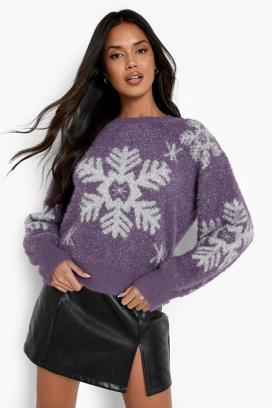סגול purple סוודר לחג המולד עם הדפס פתיתי שלג ונצנצים
