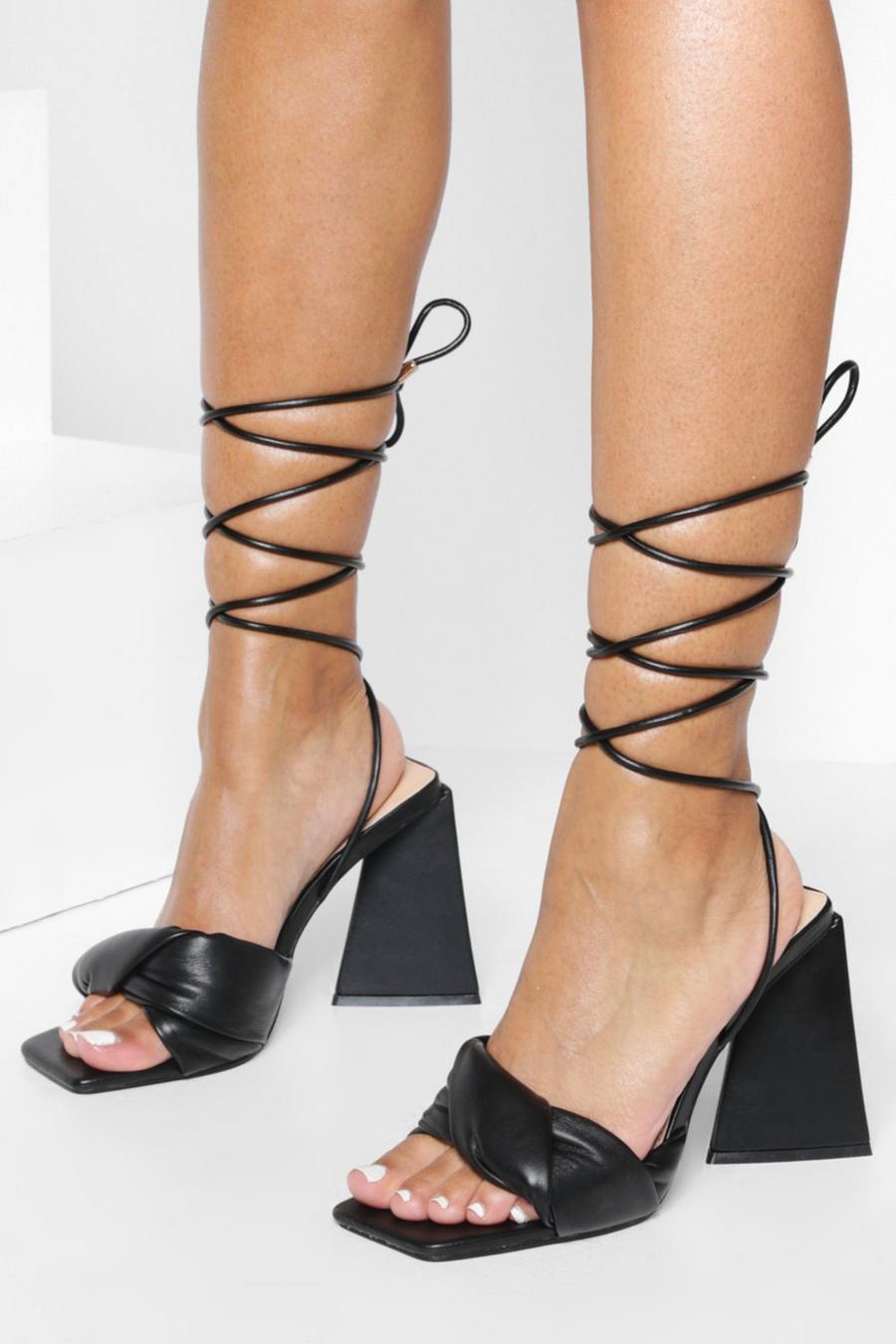 Black Twist Front Strappy Triangle Heels image number 1