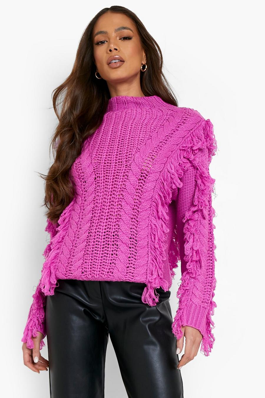 Pink Tassel Cable Knit Chunky Sweater