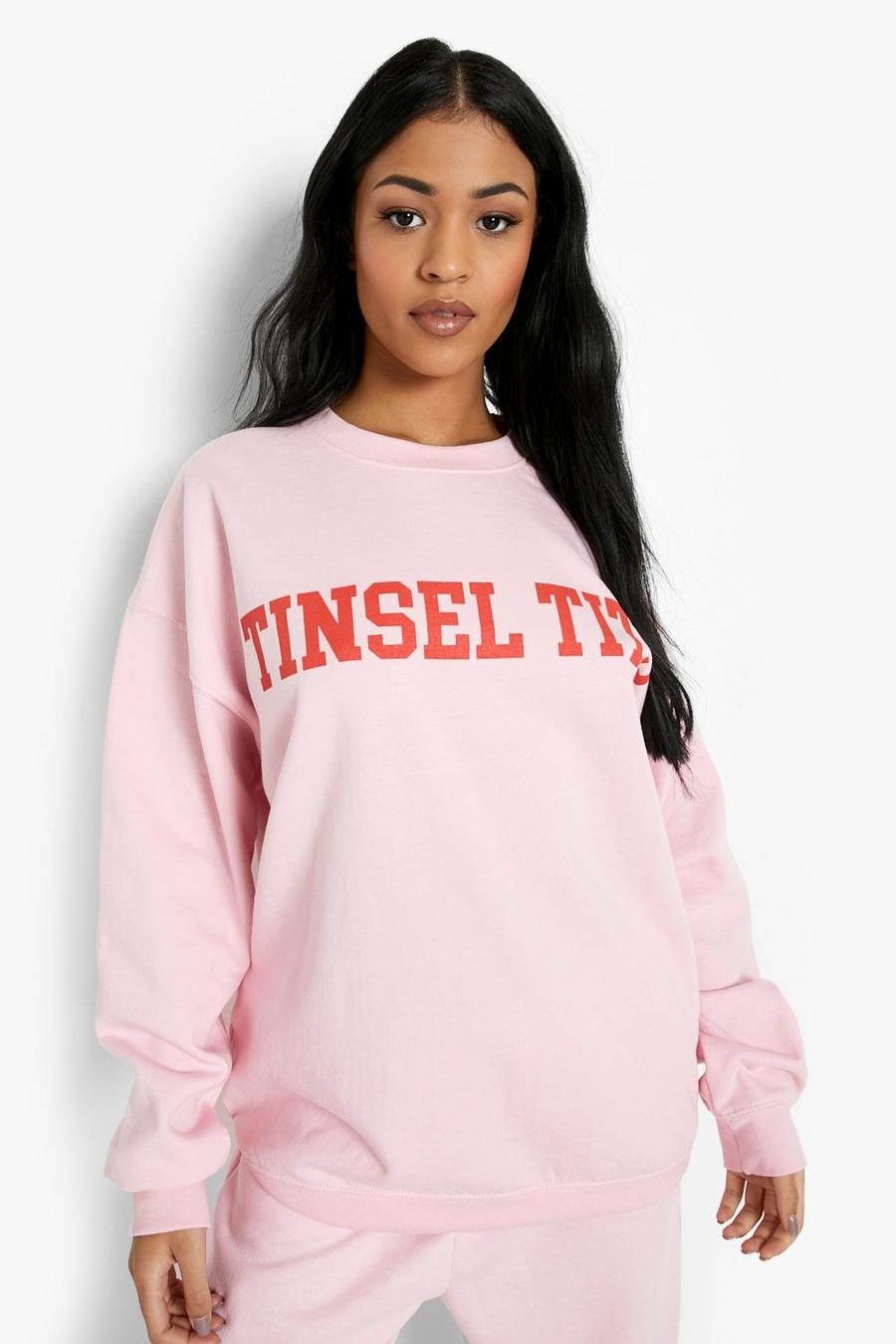 Baby pink rosa Tall 'Tinsel Tits' Slogan Sweatshirt