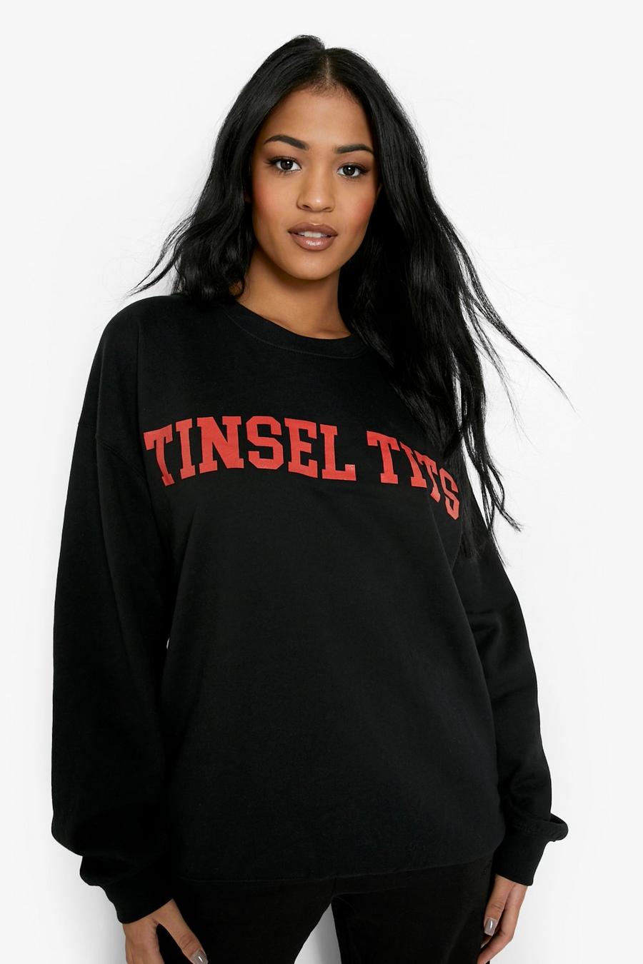 Tall, Sweatshirt mit „Tinsel Tits“-Slogan, Black image number 1