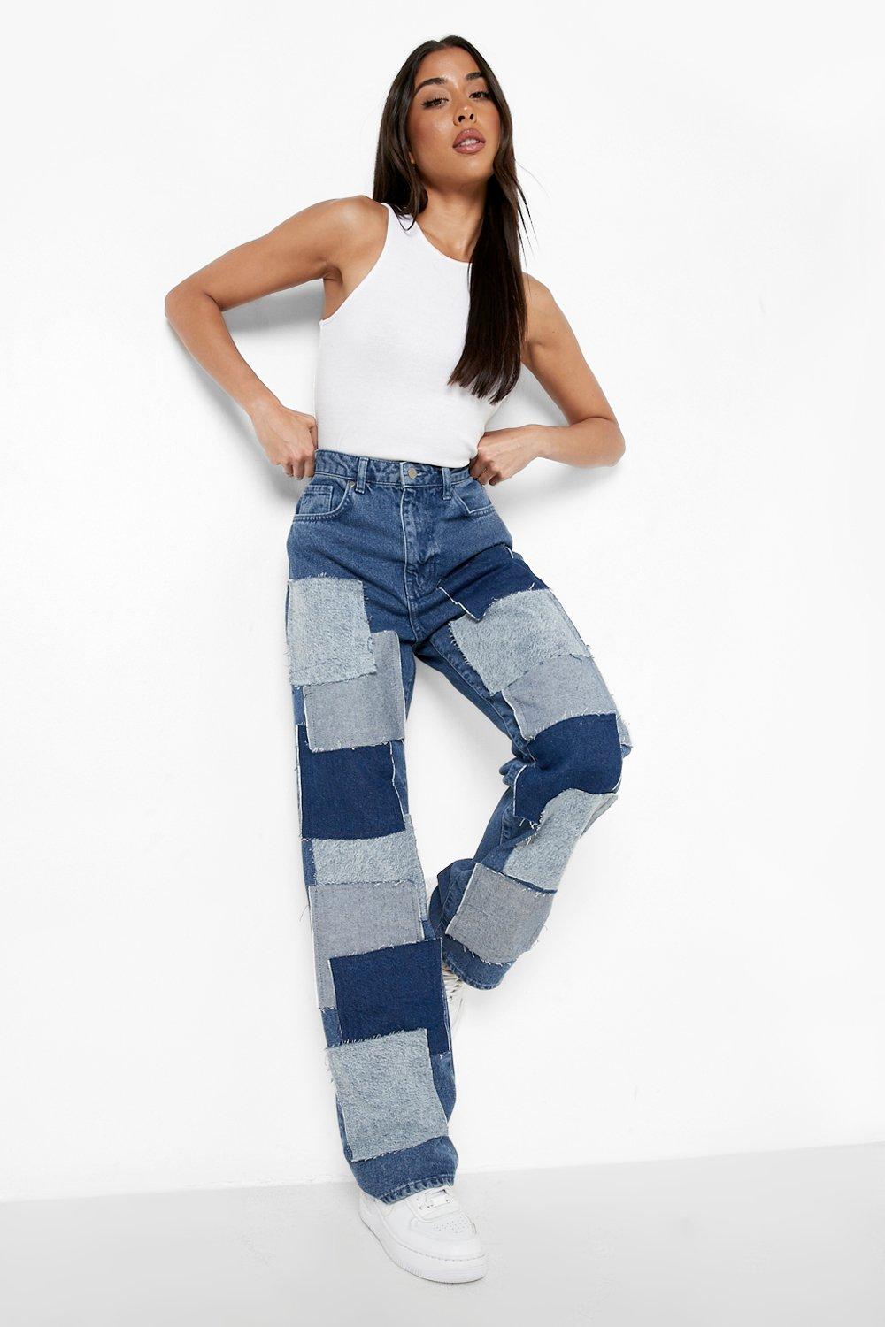 Patchwork Denim Straight Leg Jeans