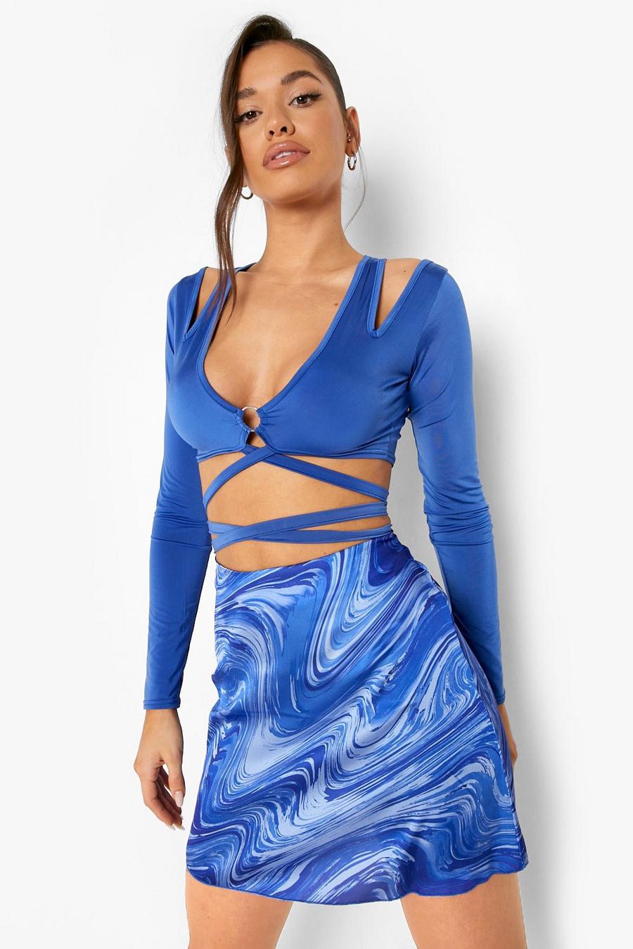 Blue Marble Swirl Print Satin Slip Mini Skirt