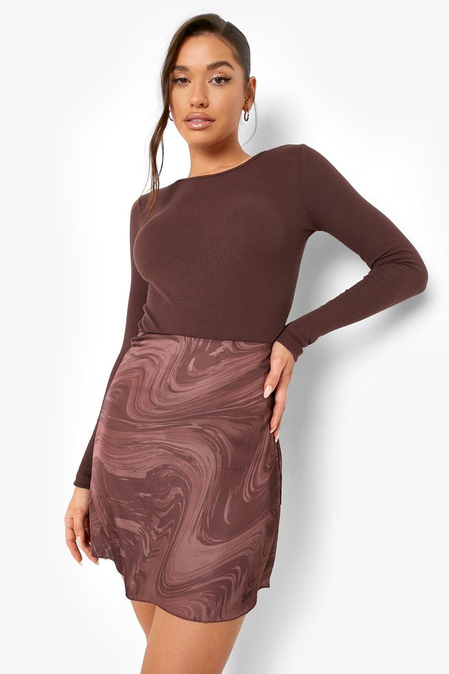 Brown marron Marble Swirl Print Satin Slip Mini Skirt
