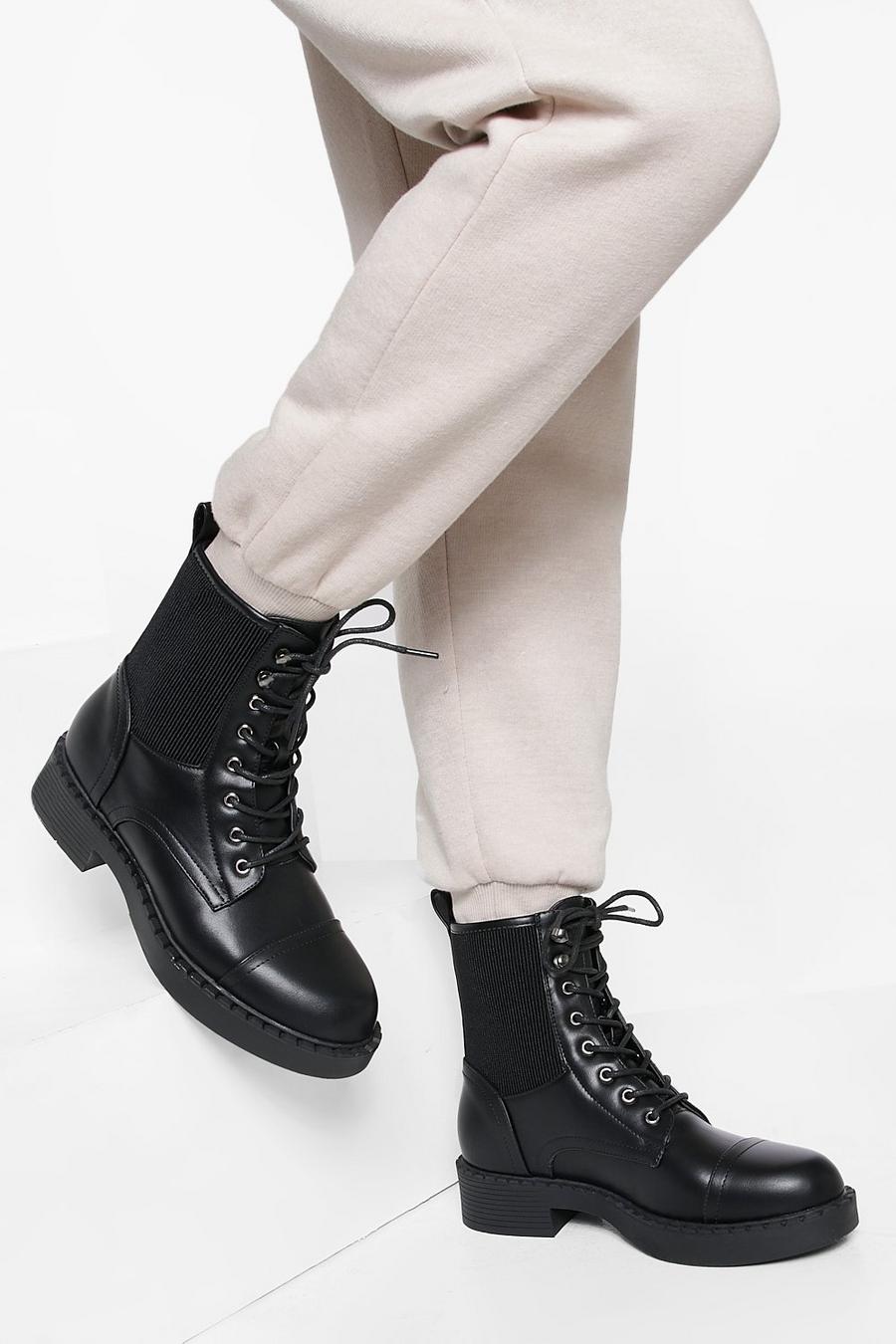 Black Knitted Pu Lace Up Combat Boots image number 1