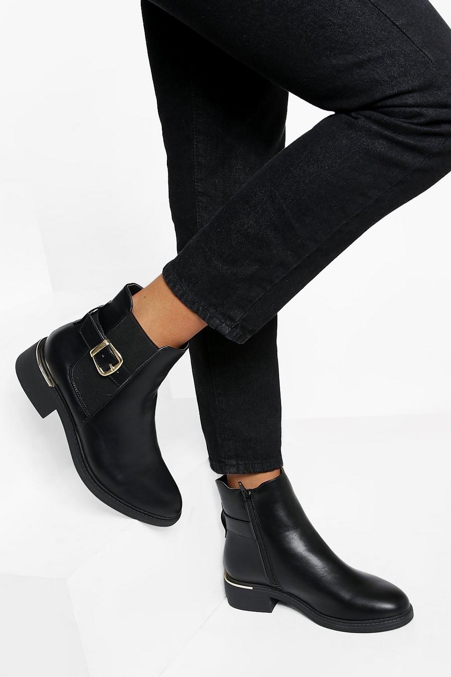 Black svart Wide Fit Pu Buckle Chelsea Boots
