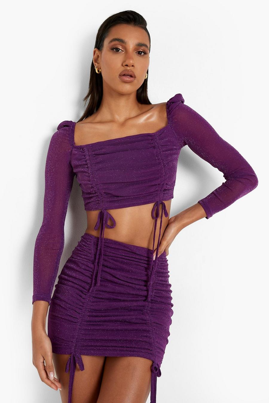 Purple Glittrig minikjol med rynkade detaljer image number 1