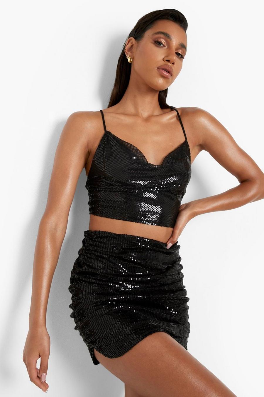 Black Sequin Ruched Side Mini Skirt image number 1