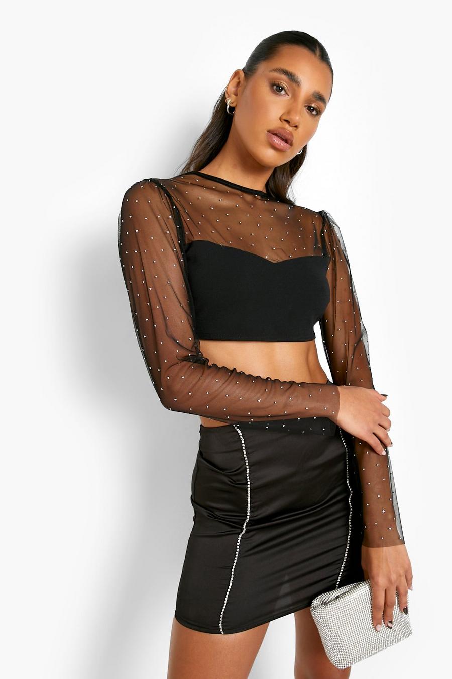 Crop top in rete con strass, Black image number 1