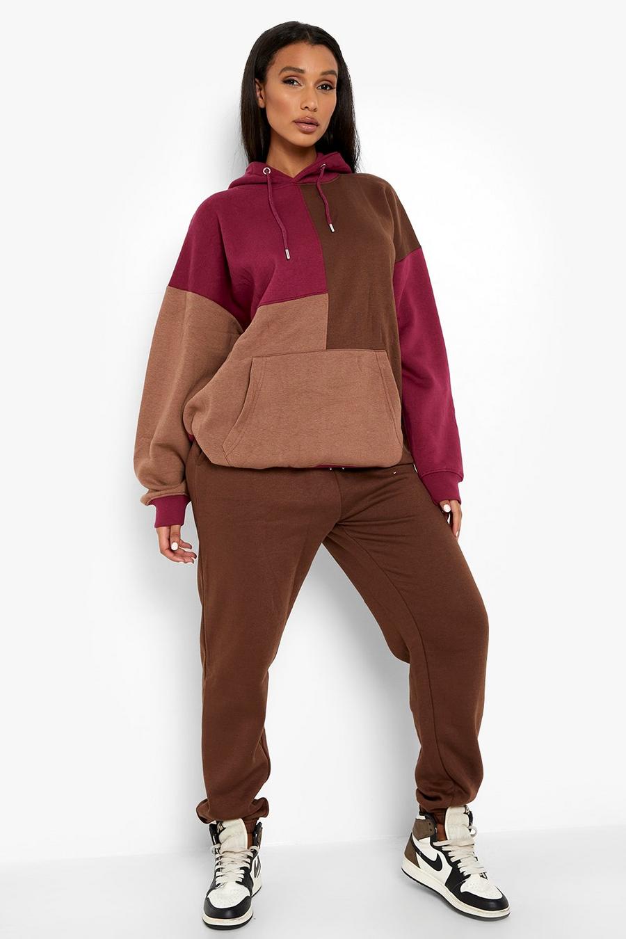 Brauner Colorblock Trainingsanzug mit Kapuze , Chocolate image number 1