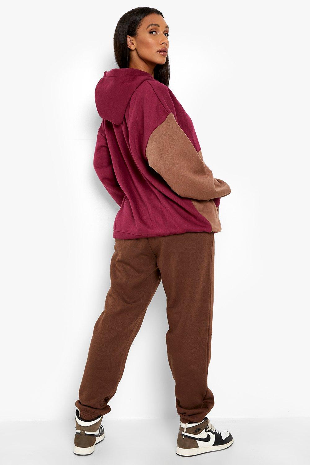 Burgundy color block hoodie deals