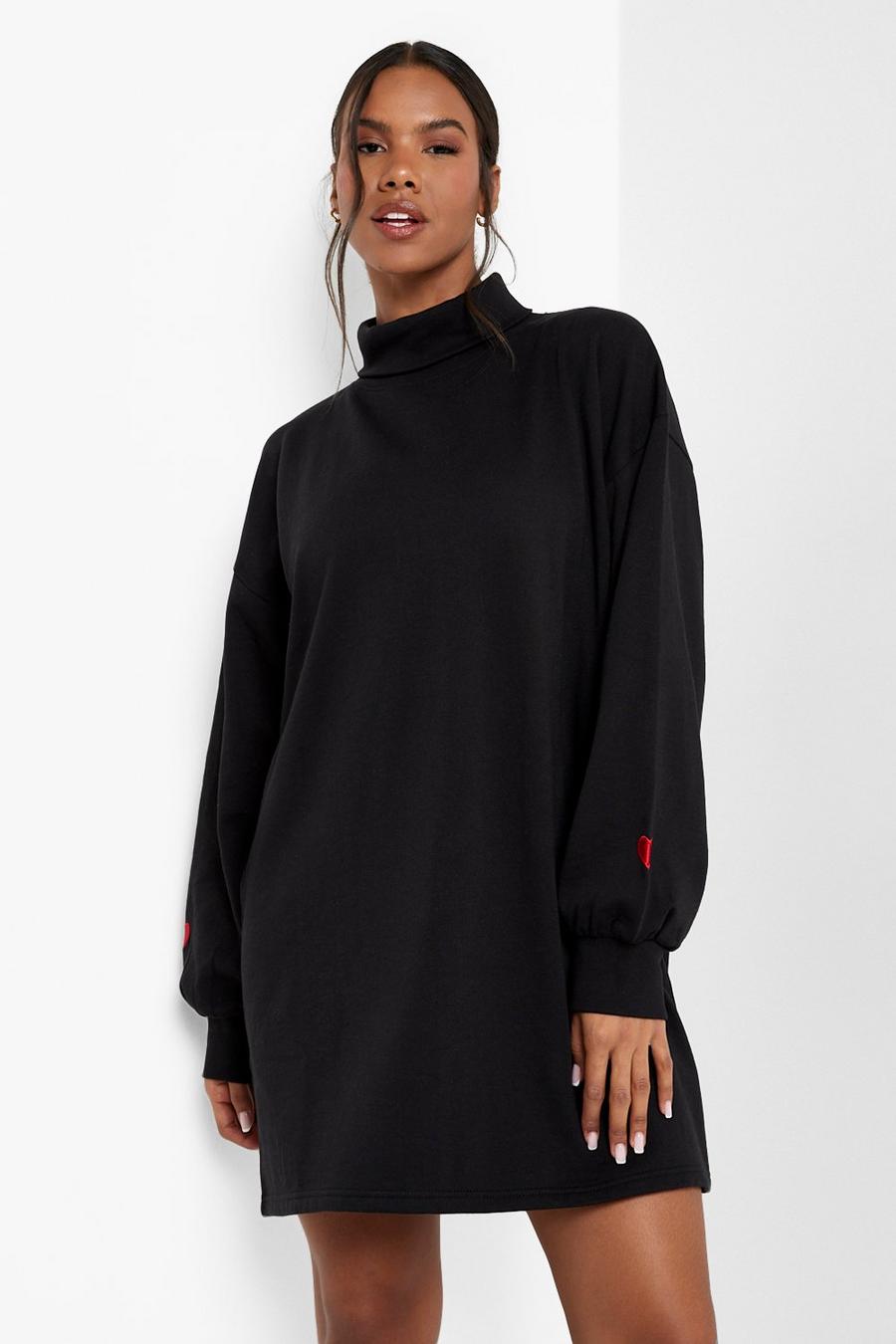 Black Oversized Roll Neck Embroidered Sweatshirt Dress image number 1