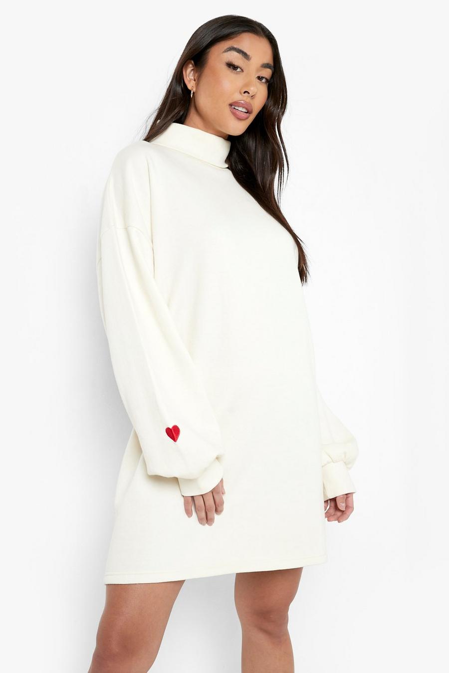 Besticktes Oversize Sweatshirt-Kleid mit Rollkragen, Ecru image number 1