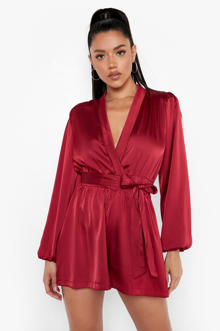 Berry Satin Wrap Detail Playsuit image number 1