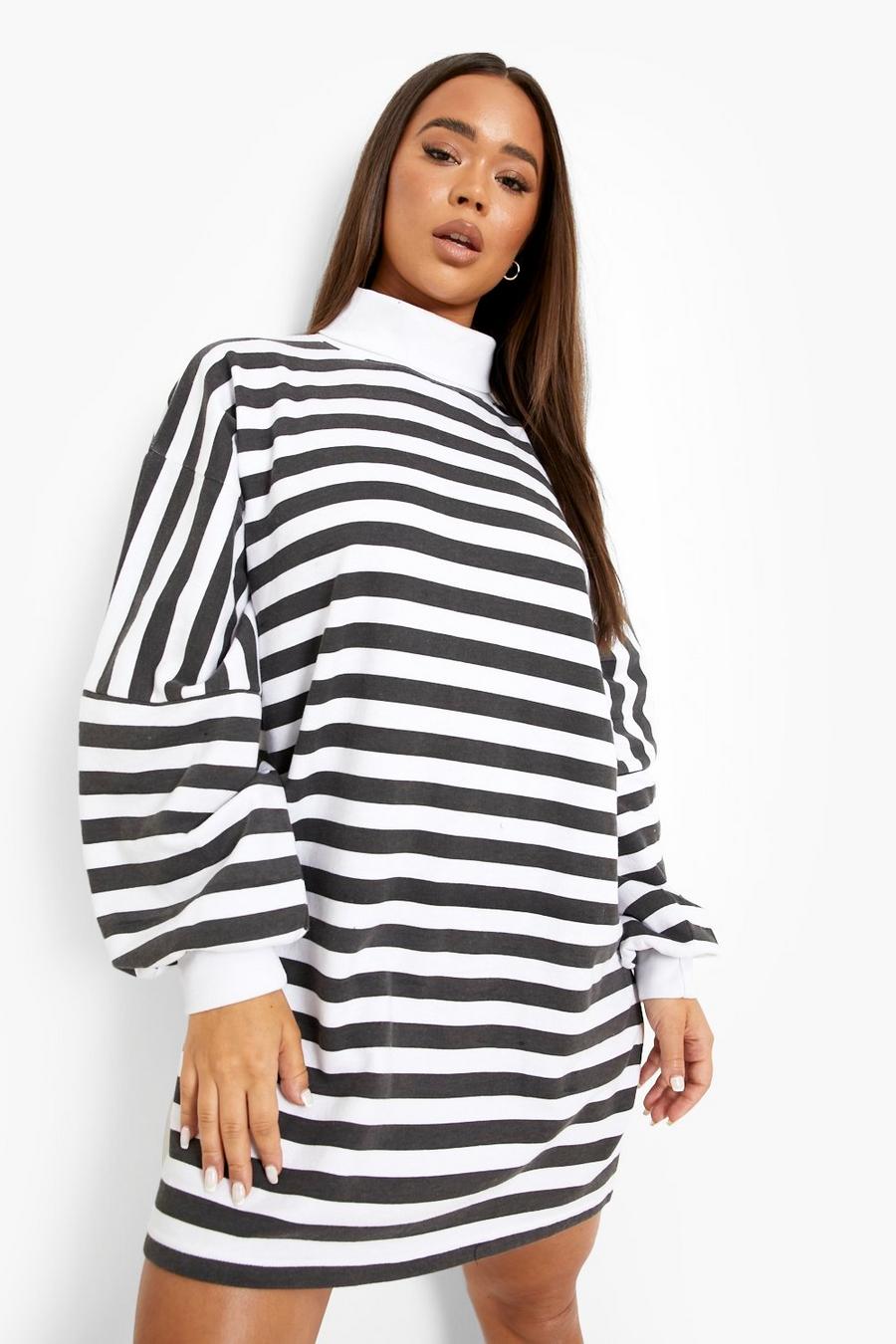 Black Stripe Oversized Roll Neck Sweatshirt Dress