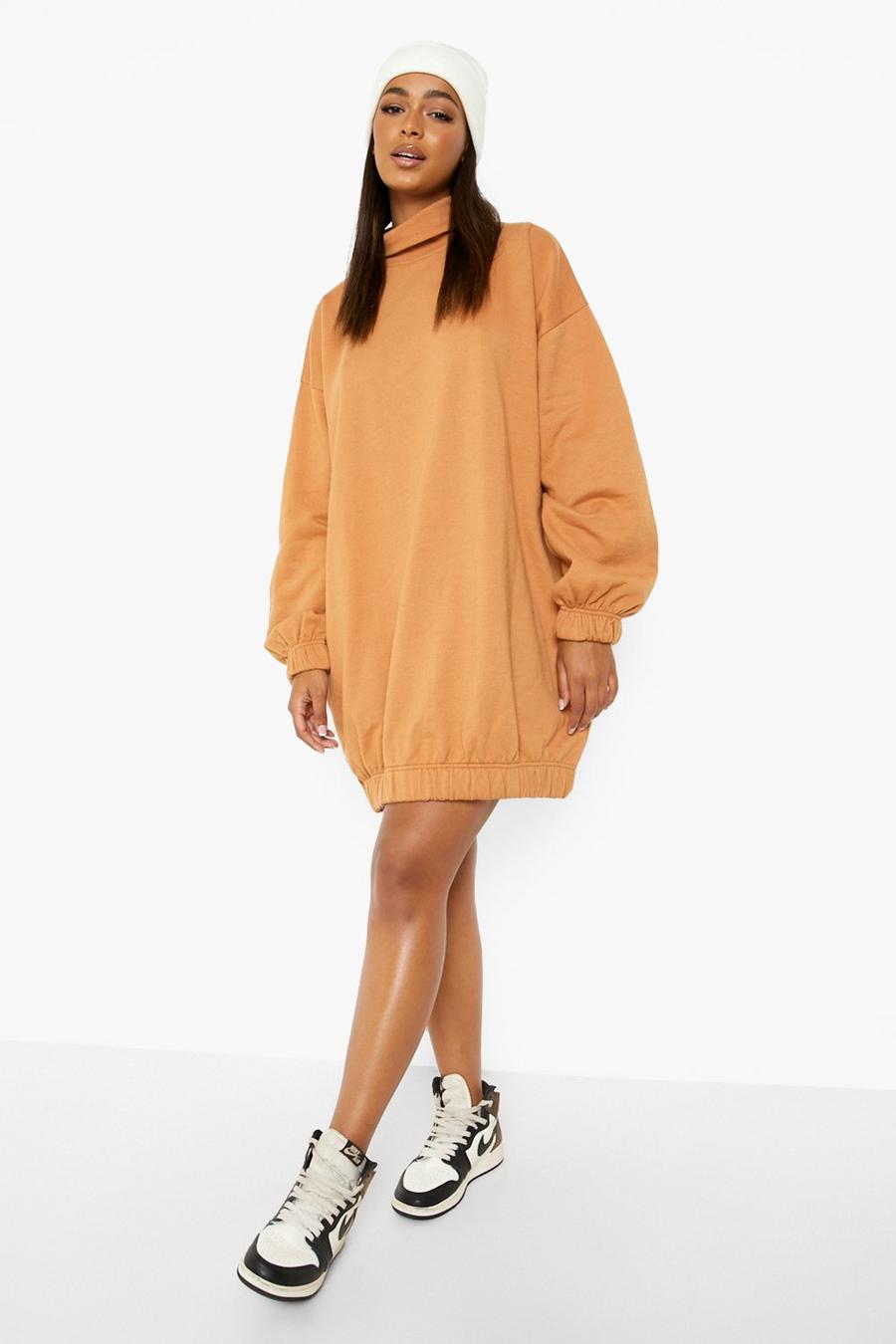 Tan Oversized Roll Neck Back Print Sweatshirt Dress image number 1