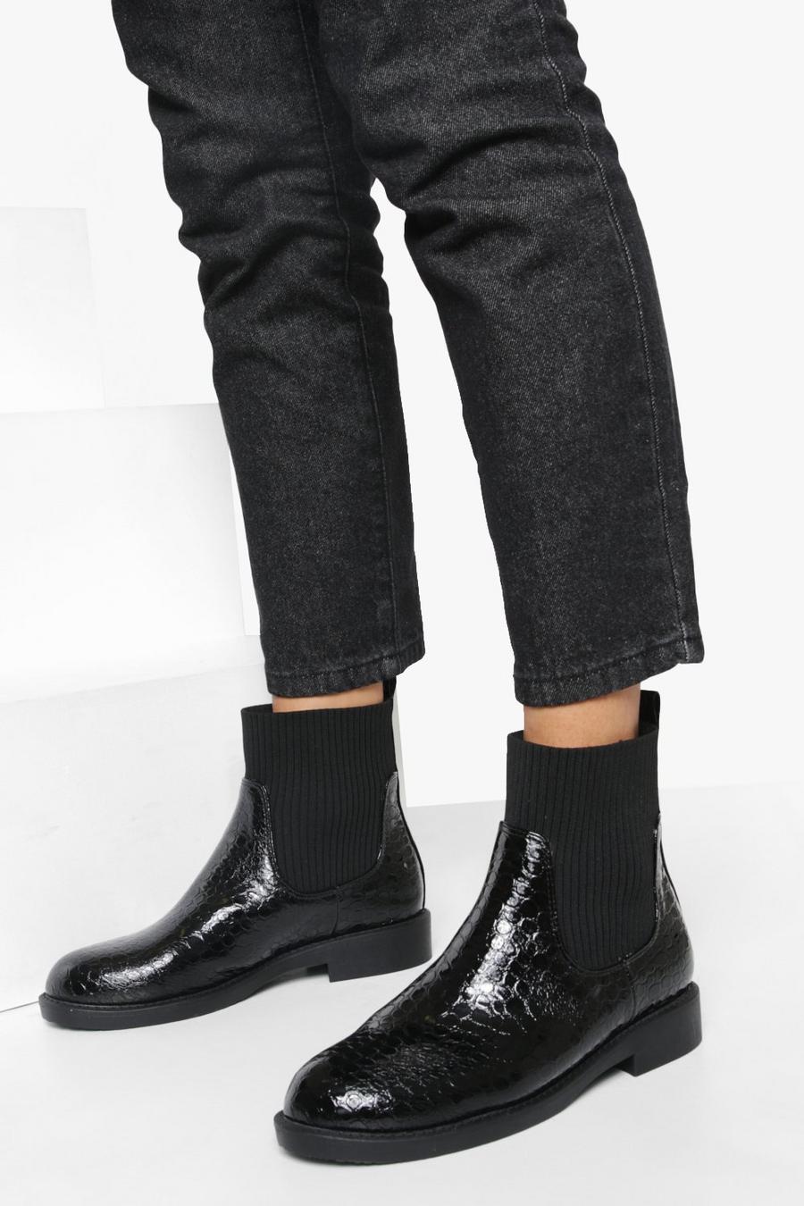 Black noir Wide Fit Croc Detail Knitted Chelsea Boots
