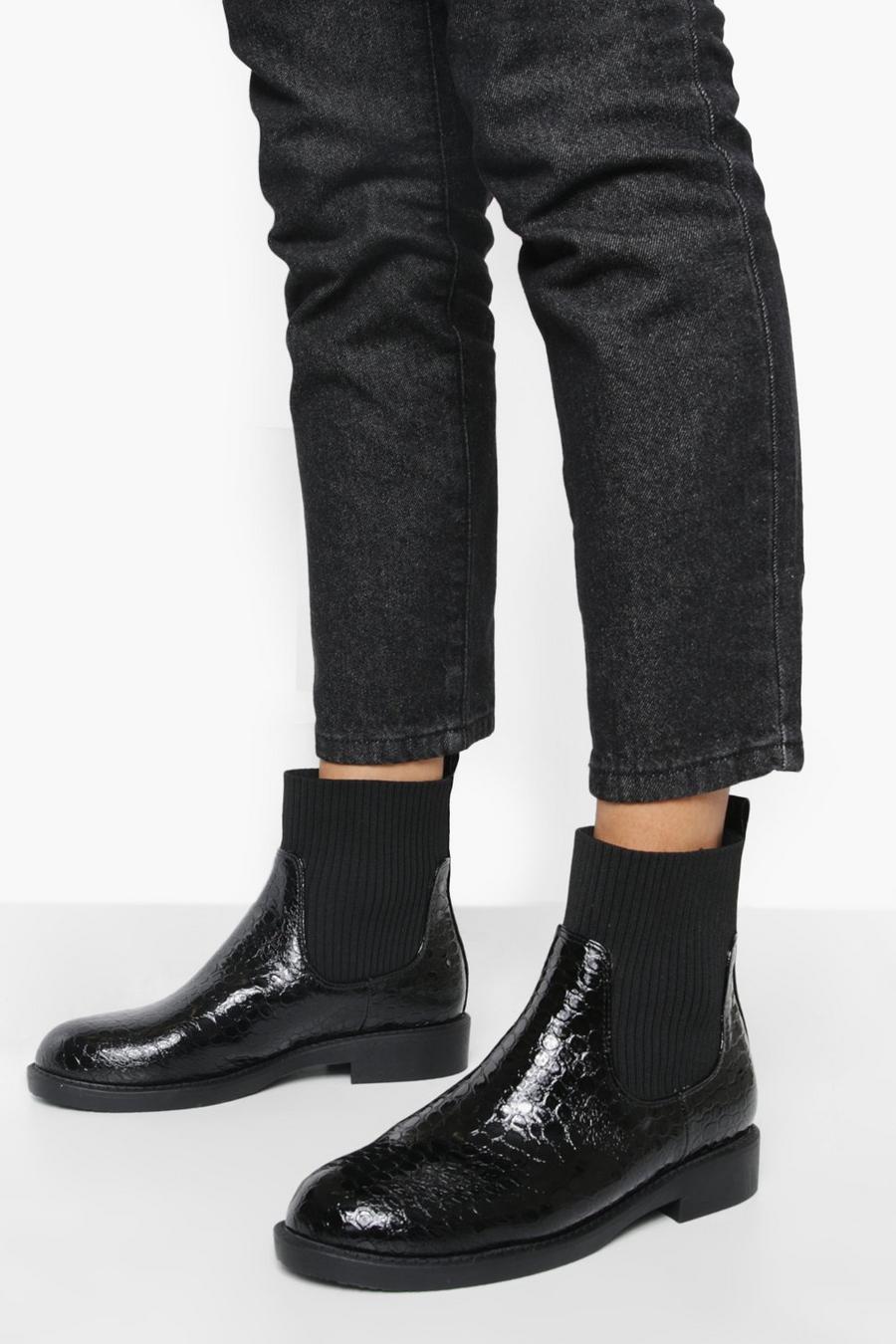 Black noir Croc Detail Knitted Chelsea Boots