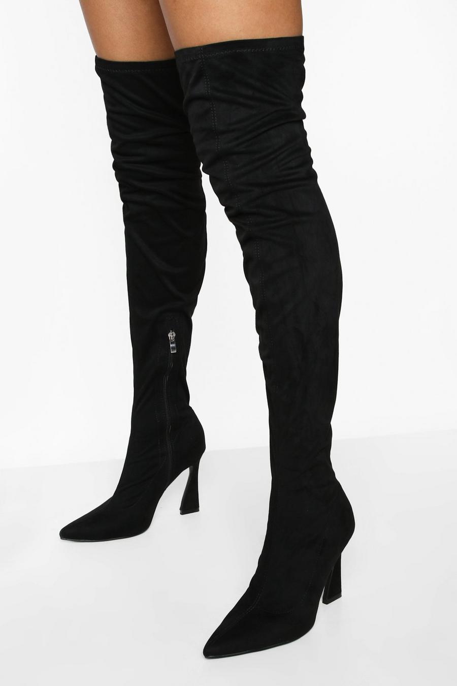 Black Wide Fit Pointed Toe Over The Knee Boot