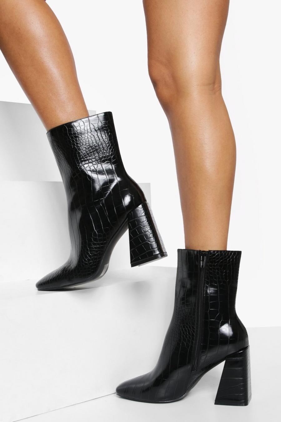 Black Wide Fit Croc Chunky Block Heel Boots image number 1