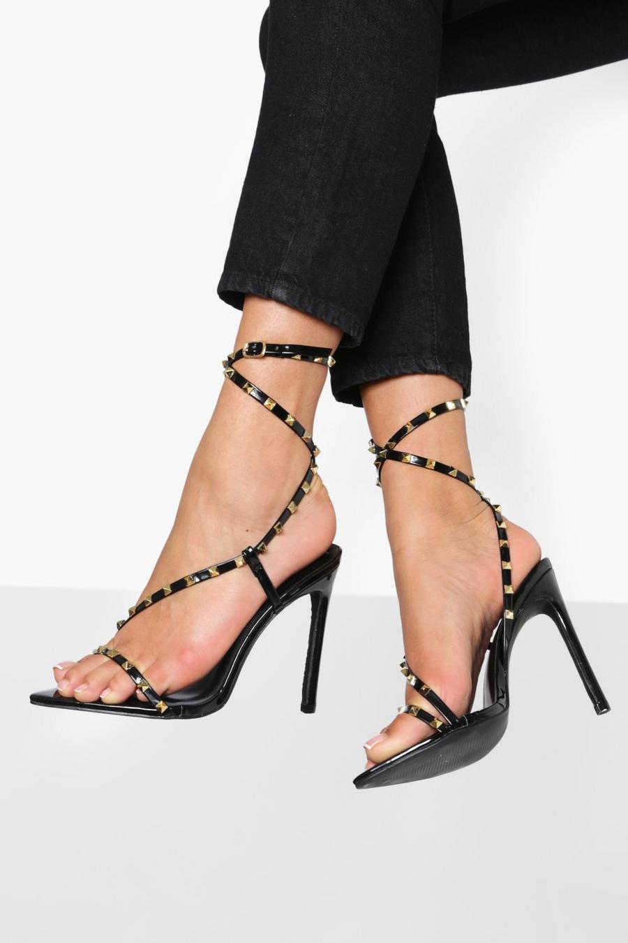 Black Pointed Asymmetric Studded Strap Heel