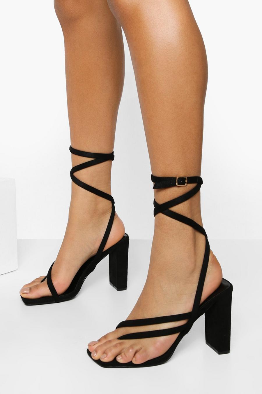 Black Wide Width Strappy Square Toe Heels image number 1