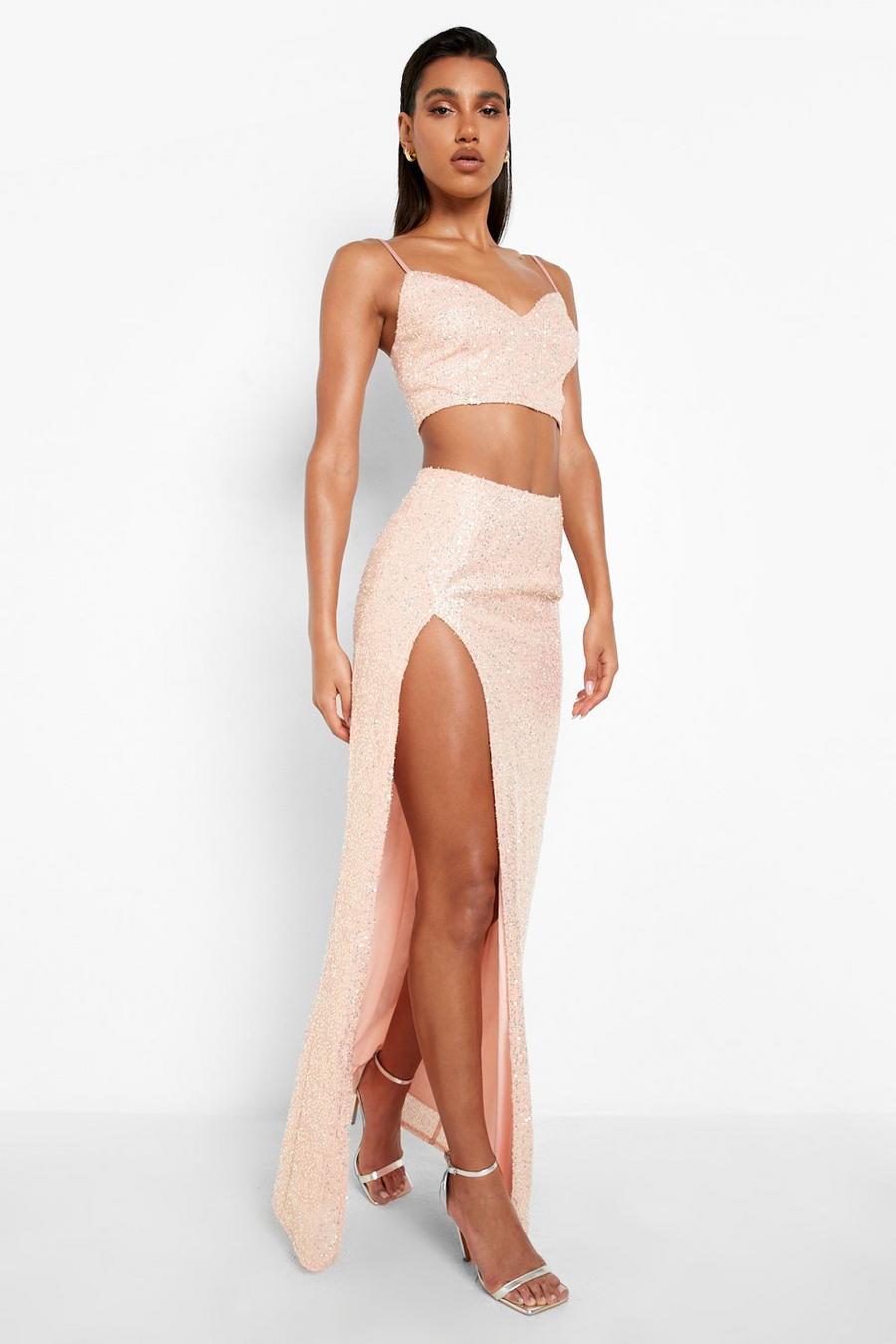 Pink Sequin Thigh Split Maxi Skirt image number 1
