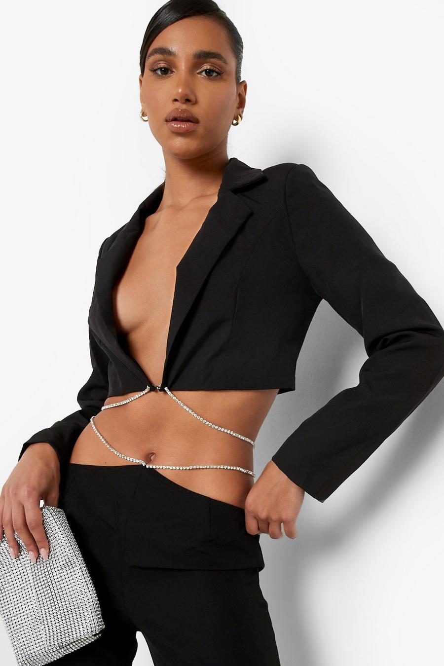 Black Cropped Blazer With Diamante Strap image number 1