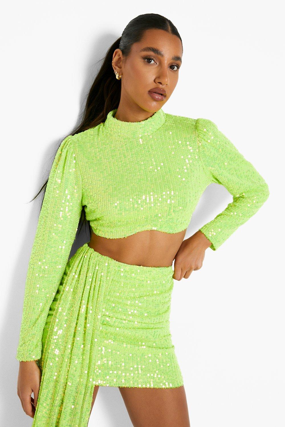 BOOHOO Festival Neon Green Roll Neck ribbed Long Sleeve Bodysuit