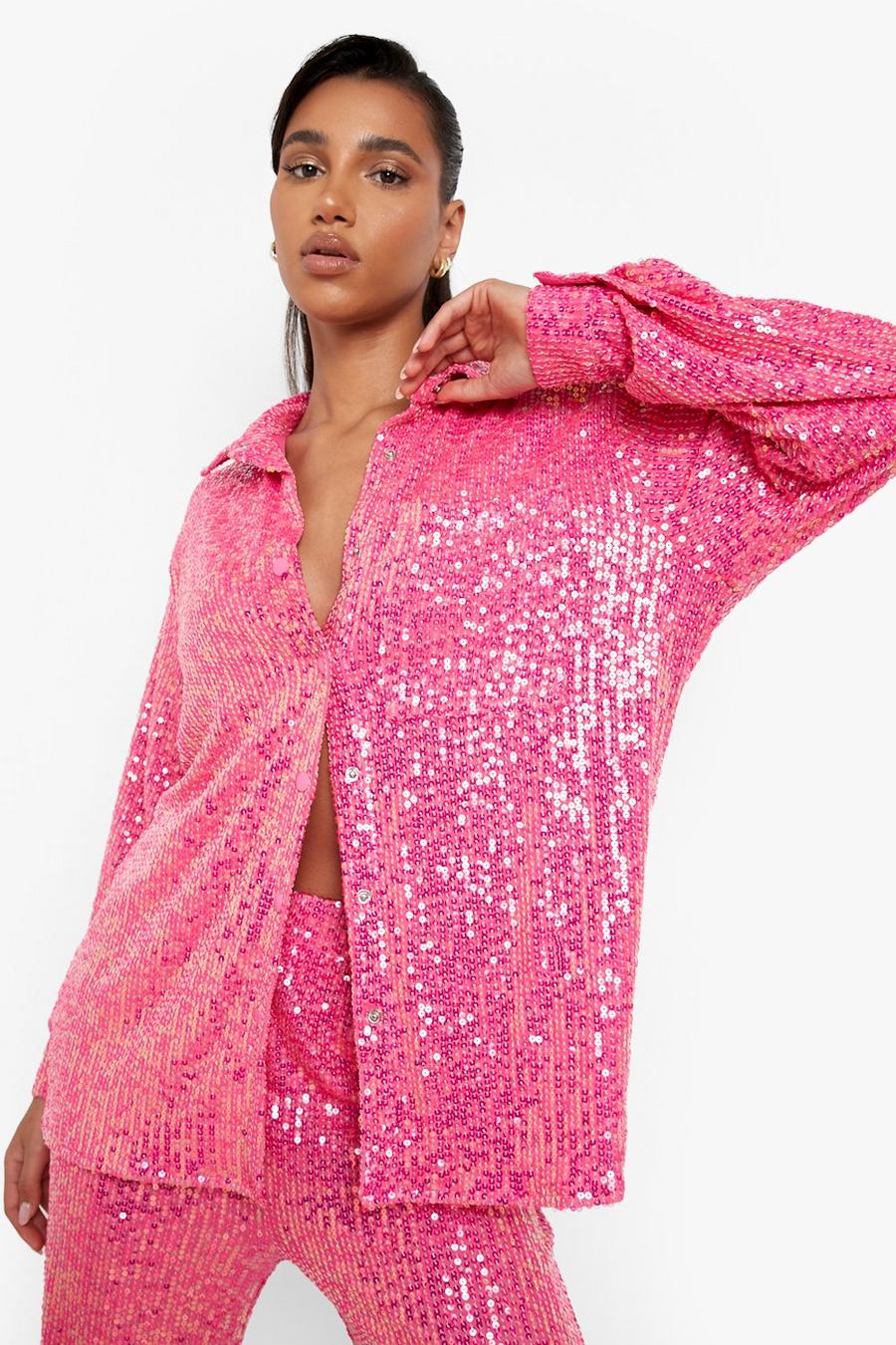 Camisa oversize de lentejuelas, Hot pink rosa image number 1